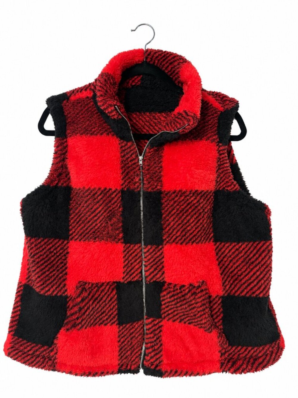 SHEIN Red Black Buffalo Plaid Teddy Vest XL